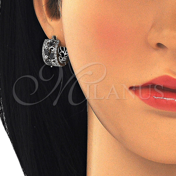 White Gold Filled Hoop Earrings — Huggie Hoop Teardrop Design with Black and White — alternate product view — SKU 126367 | Oro Laminado Blanco aretes de aro — Huggie Hoop Teardrop diseño with negro and blanco — SKU 126367