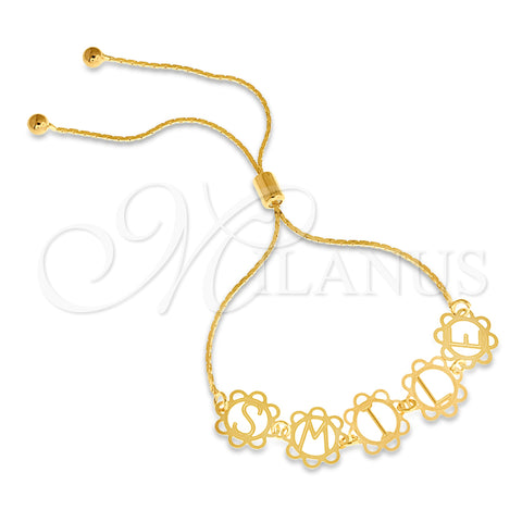 Oro Laminado Adjustable Bolo Bracelet, Gold Filled Style Initials and Snake Design, Polished, Golden Finish, 03.32.0165 (01 MM Thickness, 7 Inches Length)