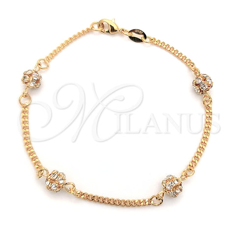 Oro Laminado Fancy Bracelet, Gold Filled Style Ball and Miami Cuban Design, with White Cubic Zirconia, Polished, Golden Finish, 03.32.0170.07 (03 MM Thickness, 7 Inches Length)