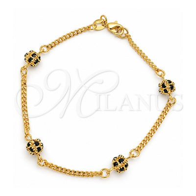 Oro Laminado Fancy Bracelet, Gold Filled Style Ball and Miami Cuban Design, with Black Cubic Zirconia, Polished, Golden Finish, 03.32.0170.07.2 (03 MM Thickness, 7 Inches Length)