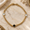 Oro Laminado Fancy Bracelet, Gold Filled Style Miami Cuban Design, with Black Azavache and White Crystal, Polished, Golden Finish, 03.32.0172.07 (04 MM Thickness, 7 Inches Length)