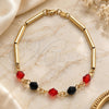 Oro Laminado Fancy Bracelet, Gold Filled Style Bamboo Design, with Black Azavache and Garnet Crystal, Multicolor Polished, Golden Finish, 03.32.0174.07 (04 MM Thickness, 7 Inches Length)