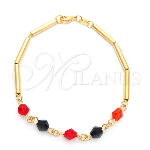 Oro Laminado Fancy Bracelet, Gold Filled Style Bamboo Design, with Black Azavache and Garnet Crystal, Multicolor Polished, Golden Finish, 03.32.0174.07 (04 MM Thickness, 7 Inches Length)