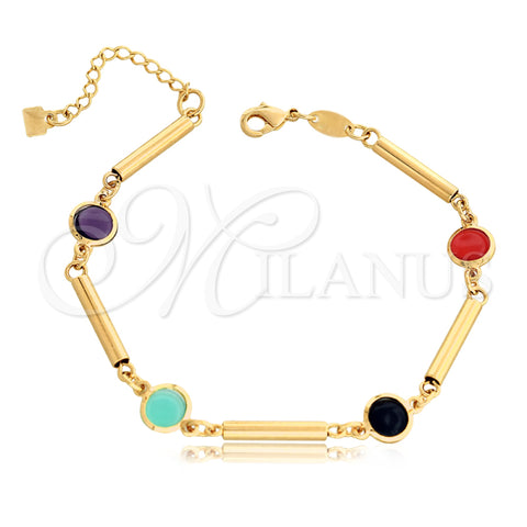 Oro Laminado Fancy Bracelet, Gold Filled Style Bamboo Design, with Multicolor Crystal, Multicolor Polished, Golden Finish, 03.32.0175.07 (04 MM Thickness, 7 Inches Length)