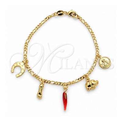 Oro Laminado Charm Bracelet, Gold Filled Style Hand and Angel Design, Red Enamel Finish, Golden Finish, 03.32.0184.07 (05 MM Thickness, 7 Inches Length)