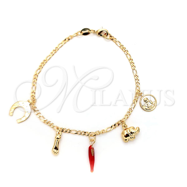 Gold Filled Bracelet — Charm Bracelet Hand and Angel Design Red Enamel — main product view — SKU 126400 | Oro Laminado brazalete — Charm Bracelet Hand and Angel diseño Red Enamel — SKU 126400