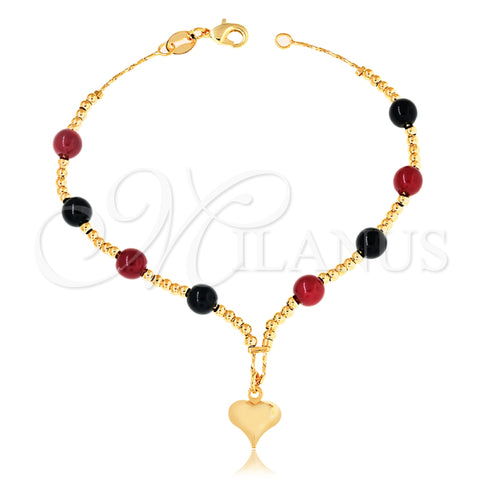 Oro Laminado Charm Bracelet, Gold Filled Style Heart and Ball Design, with Black Azavache and Garnet Pearl, Multicolor Polished, Golden Finish, 03.32.0187.07 (03 MM Thickness, 7 Inches Length)