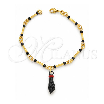 Oro Laminado Charm Bracelet, Gold Filled Style Hand and Bamboo Design, with Black Azavache, Brushed Finish, Golden Finish, 03.32.0189.06 (02 MM Thickness, 6 Inches Length)