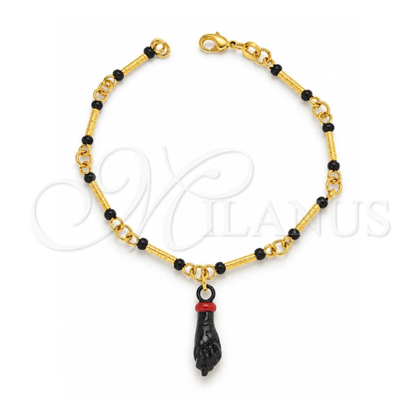 Oro Laminado Charm Bracelet, Gold Filled Style Hand and Bamboo Design, with Black Azavache, Brushed Finish, Golden Finish, 03.32.0189.06 (02 MM Thickness, 6 Inches Length)