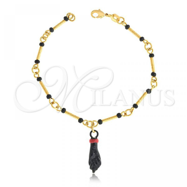 Oro Laminado Charm Bracelet, Gold Filled Style Hand and Bamboo Design, with Black Azavache, Brushed Finish, Golden Finish, 03.32.0189.06 (02 MM Thickness, 6 Inches Length)
