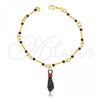 Oro Laminado Charm Bracelet, Gold Filled Style Hand and Bamboo Design, with Black Azavache, Brushed Finish, Golden Finish, 03.32.0189.06 (02 MM Thickness, 6 Inches Length)