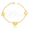 Oro Laminado Fancy Bracelet, Gold Filled Style Heart and Figaro Design, Polished, Golden Finish, 03.32.0198.07 (03 MM Thickness, 7 Inches Length)