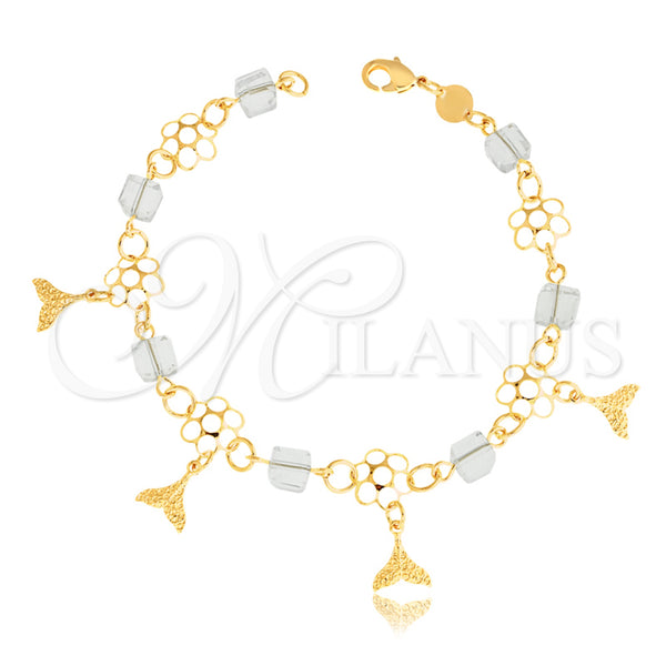 Gold Filled Bracelet — Charm Bracelet Flower and Fish Design with White — main product view — SKU 126417 | Oro Laminado brazalete — Charm Bracelet flor and Fish diseño with blanco — SKU 126417