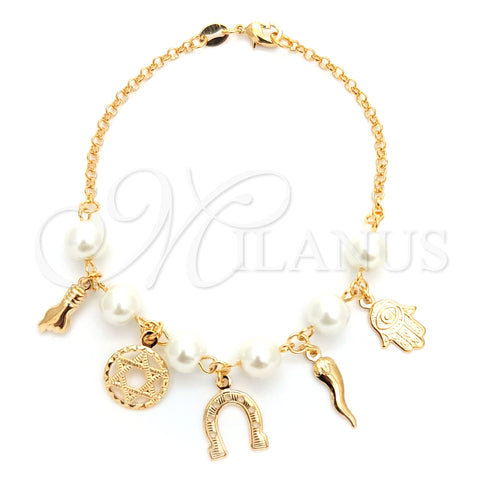 Oro Laminado Charm Bracelet, Gold Filled Style Hand and Lock Design, with Ivory Pearl, White Polished, Golden Finish, 03.32.0201.07 (03 MM Thickness, 7 Inches Length)
