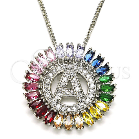 Rhodium Plated Pendant Necklace, Initials Design, with Multicolor Cubic Zirconia, Polished, Rhodium Finish, 04.210.0006.3.20