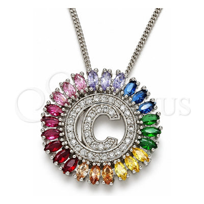 Rhodium Gold Filled Pendant Necklace, Initials Design, with Multicolor Cubic Zirconia, Polished, Rhodium Finish, 04.210.0008.3.20 (02 MM Thickness, 20 Inches Length)