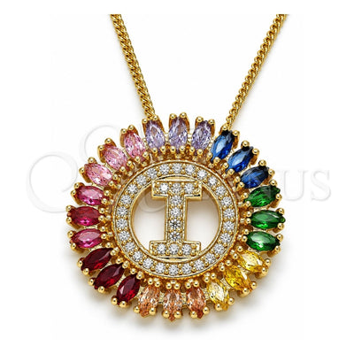 Oro Laminado Pendant Necklace, Gold Filled Style Initials Design, with Multicolor Cubic Zirconia, Polished, Golden Finish, 04.210.0013.1.20 (02 MM Thickness, 20 Inches Length)