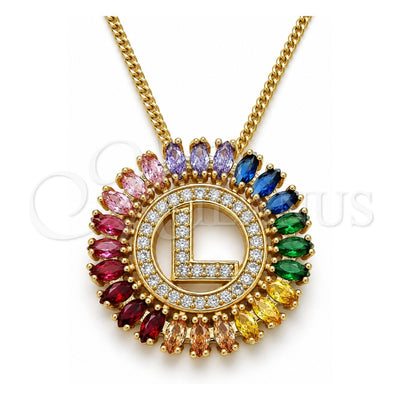 Oro Laminado Pendant Necklace, Gold Filled Style Initials Design, with Multicolor Cubic Zirconia, Polished, Golden Finish, 04.210.0016.1.20 (02 MM Thickness, 20 Inches Length)