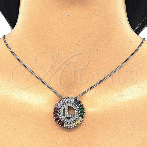 Rhodium Plated Pendant Necklace, Initials Design, with Multicolor Cubic Zirconia, Polished, Rhodium Finish, 04.210.0016.3.20 (02 MM Thickness, 20 Inches Length)