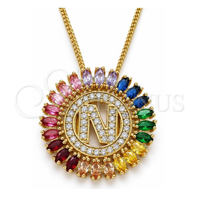 Oro Laminado Pendant Necklace, Gold Filled Style Initials Design, with Multicolor Cubic Zirconia, Polished, Golden Finish, 04.210.0018.1.20 (02 MM Thickness, 20 Inches Length)