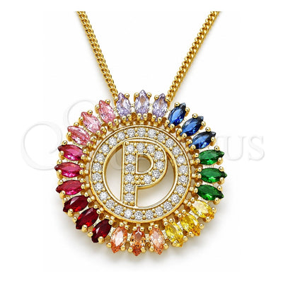 Oro Laminado Pendant Necklace, Gold Filled Style Initials Design, with Multicolor Cubic Zirconia, Polished, Golden Finish, 04.210.0019.1.20 (02 MM Thickness, 20 Inches Length)