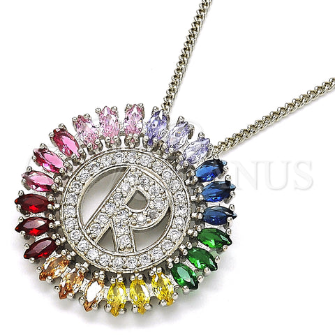 Rhodium Plated Pendant Necklace, Initials Design, with Multicolor Cubic Zirconia, Polished, Rhodium Finish, 04.210.0020.3.20 (02 MM Thickness, 20 Inches Length)
