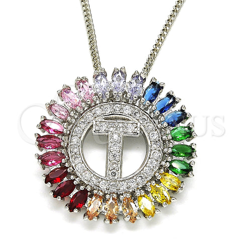 Rhodium Plated Pendant Necklace, Initials Design, with Multicolor Cubic Zirconia, Polished, Rhodium Finish, 04.210.0022.3.20 (02 MM Thickness, 20 Inches Length)