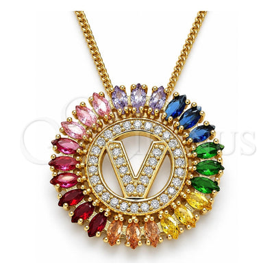 Oro Laminado Pendant Necklace, Gold Filled Style Initials Design, with Multicolor Cubic Zirconia, Polished, Golden Finish, 04.210.0023.1.20 (02 MM Thickness, 20 Inches Length)