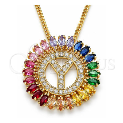 Oro Laminado Pendant Necklace, Gold Filled Style Initials Design, with Multicolor Cubic Zirconia, Polished, Golden Finish, 04.210.0024.1.20 (02 MM Thickness, 20 Inches Length)