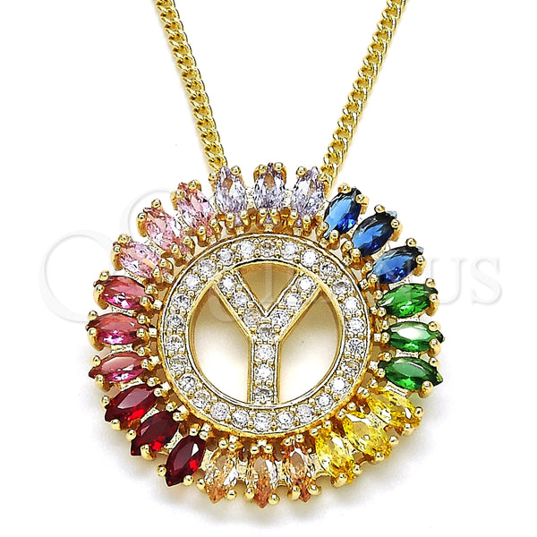 Oro Laminado Pendant Necklace, Gold Filled Style Initials Design, with Multicolor Cubic Zirconia, Polished, Golden Finish, 04.210.0024.1.20 (02 MM Thickness, 20 Inches Length)