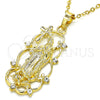 Oro Laminado Religious Pendant, Gold Filled Style Guadalupe and Cross Design, with White Cubic Zirconia, Polished, Golden Finish, 05.213.0058