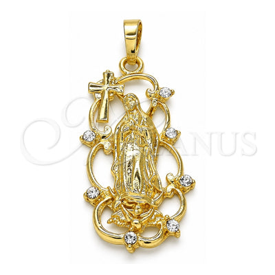 Oro Laminado Religious Pendant, Gold Filled Style Guadalupe and Cross Design, with White Cubic Zirconia, Polished, Golden Finish, 05.213.0058