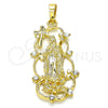 Oro Laminado Religious Pendant, Gold Filled Style Guadalupe and Cross Design, with White Cubic Zirconia, Polished, Golden Finish, 05.213.0058