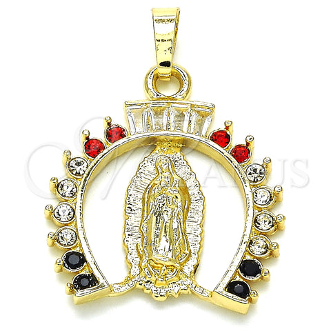 Oro Laminado Religious Pendant, Gold Filled Style Guadalupe Design, with White Cubic Zirconia and Multicolor Crystal, Polished, Golden Finish, 05.213.0059