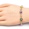 Oro Laminado Fancy Bracelet, Gold Filled Style Evil Eye and Heart Design, Multicolor Enamel Finish, Golden Finish, 03.213.0037.3.08 (08 MM Thickness, 8 Inches Length)