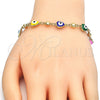 Oro Laminado Fancy Bracelet, Gold Filled Style Evil Eye and Heart Design, Multicolor Enamel Finish, Golden Finish, 03.213.0037.3.08 (08 MM Thickness, 8 Inches Length)