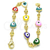 Oro Laminado Fancy Bracelet, Gold Filled Style Evil Eye and Heart Design, Multicolor Enamel Finish, Golden Finish, 03.213.0037.3.08 (08 MM Thickness, 8 Inches Length)