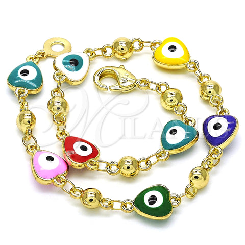 Oro Laminado Fancy Bracelet, Gold Filled Style Evil Eye and Heart Design, Multicolor Enamel Finish, Golden Finish, 03.213.0037.3.08 (08 MM Thickness, 8 Inches Length)