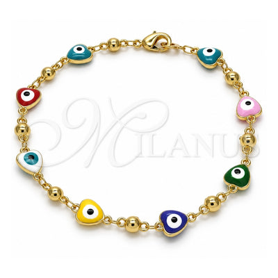Oro Laminado Fancy Bracelet, Gold Filled Style Evil Eye and Heart Design, Multicolor Enamel Finish, Golden Finish, 03.213.0037.3.08 (08 MM Thickness, 8 Inches Length)