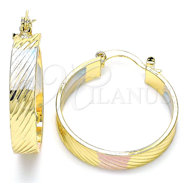 Gold Filled Hoop Earrings — Medium Hoop Diamond Cutting Tricolor 02. — main product view — SKU 126595 | Oro Laminado aretes de aro — Medium Hoop Diamond Cutting Tricolor 02. — SKU 126595