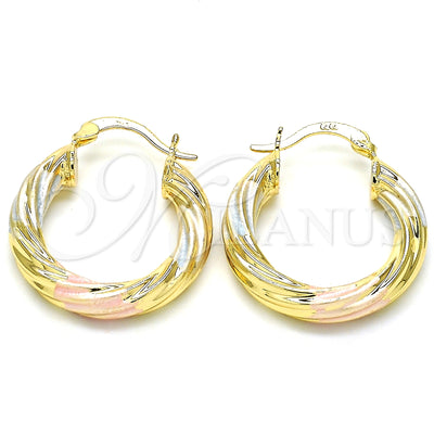 Oro Laminado aretes de aro — Small Hoop Twist diseño pulido Tricolor 02. por Mayoreo, vista principal del producto