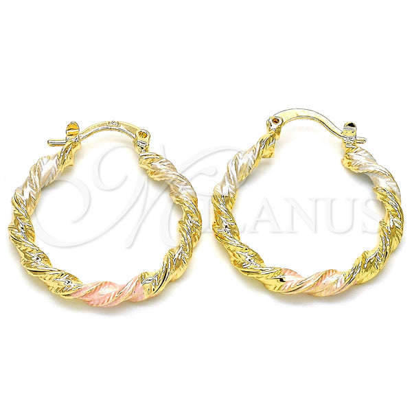 Gold Filled Hoop Earrings — Small Hoop Twist Design Polished Tricolor 02. — main product view — SKU 126598 | Oro Laminado aretes de aro — Small Hoop Twist diseño pulido Tricolor 02. — SKU 126598