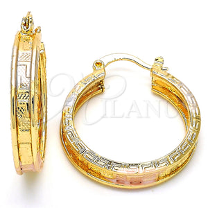 Gold Filled Hoop Earrings — Medium Hoop Greek Key Design Polished Tricolor 02. — main product view — SKU 126605 | Oro Laminado aretes de aro — Medium Hoop Greek Key diseño pulido Tricolor 02. — SKU 126605