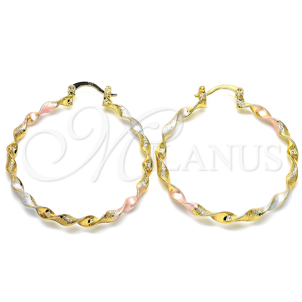 Gold Filled Hoop Earrings — Medium Hoop Twist Design Matte Tricolor 02. — main product view — SKU 126610 | Oro Laminado aretes de aro — Medium Hoop Twist diseño Matte Tricolor 02. — SKU 126610
