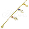 Oro Laminado Charm Anklet , Gold Filled Style Heart and Rattle Charm Design, with Multicolor Crystal, Polished, Golden Finish, 03.213.0074.10 (01 MM Thickness, 10 Inches Length)