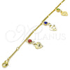 Oro Laminado Charm Anklet , Gold Filled Style Heart and Rattle Charm Design, with Multicolor Crystal, Polished, Golden Finish, 03.213.0074.10 (01 MM Thickness, 10 Inches Length)