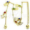 Oro Laminado Charm Anklet , Gold Filled Style Heart and Rattle Charm Design, with Multicolor Crystal, Polished, Golden Finish, 03.213.0074.10 (01 MM Thickness, 10 Inches Length)