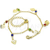 Oro Laminado Charm Anklet , Gold Filled Style Heart and Rattle Charm Design, with Multicolor Crystal, Polished, Golden Finish, 03.213.0074.10 (01 MM Thickness, 10 Inches Length)