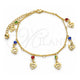 Oro Laminado Charm Anklet , Gold Filled Style Heart and Rattle Charm Design, with Multicolor Crystal, Polished, Golden Finish, 03.213.0074.10 (01 MM Thickness, 10 Inches Length)