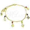 Oro Laminado Charm Anklet , Gold Filled Style Heart and Rattle Charm Design, with Multicolor Crystal, Polished, Golden Finish, 03.213.0074.10 (01 MM Thickness, 10 Inches Length)